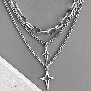 NEW! 3 pcs/set, silver tone necklaces semi thick - NORTH STAR edgy punk goth
